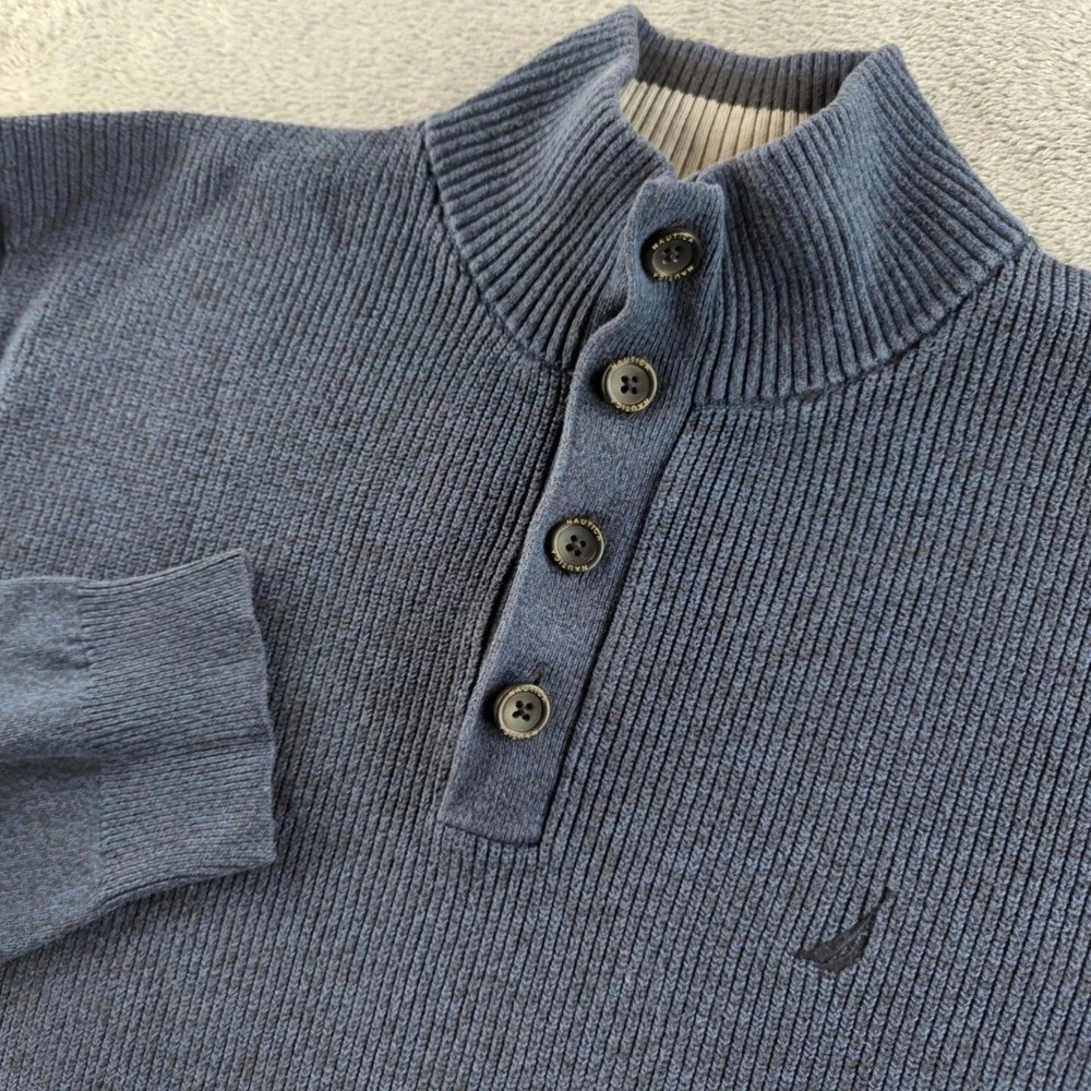 Nautica Sweater Mens XL Blue Mock Neck Quarter Button Pullover Knit Cotton Logo
